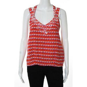 NANETTE LEPORE Red Retro Print Bead Embellishment Double Strap Tank Blouse Sz 6